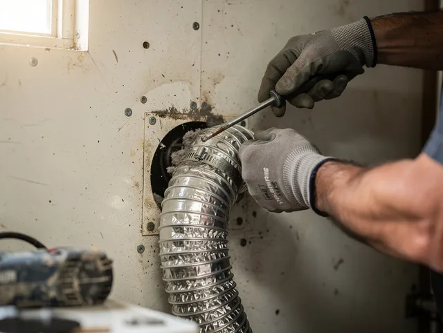 North Tustin Dryer Vent Cleaning technician performing precise dryer vent hose installation in North Tustin
